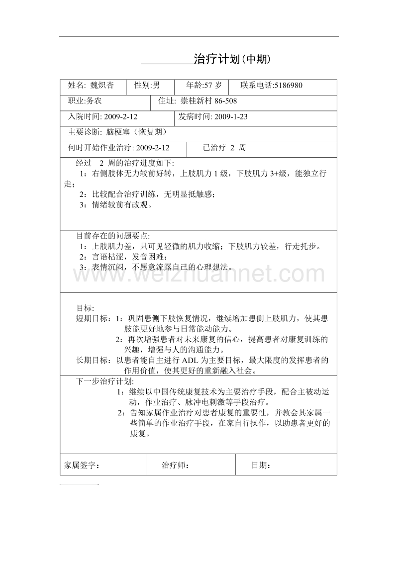 康复治疗计划(中期模板).doc_第1页