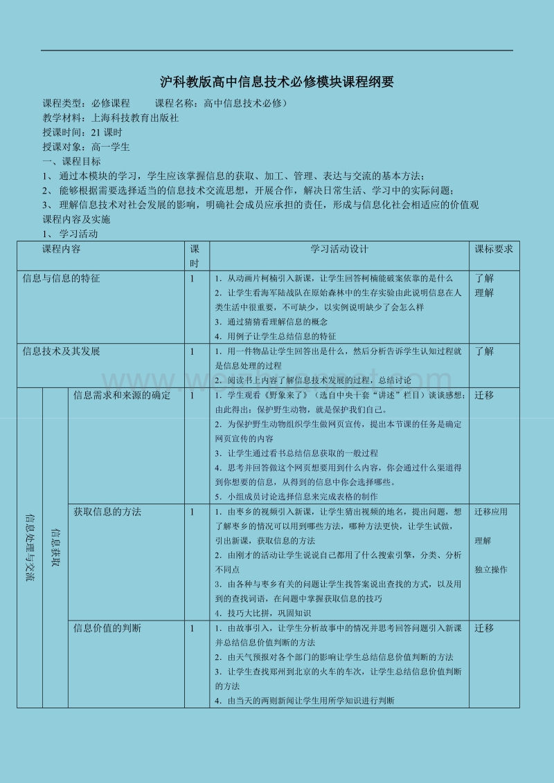 沪科教版高中信息技术必修模块课程纲要.doc_第1页