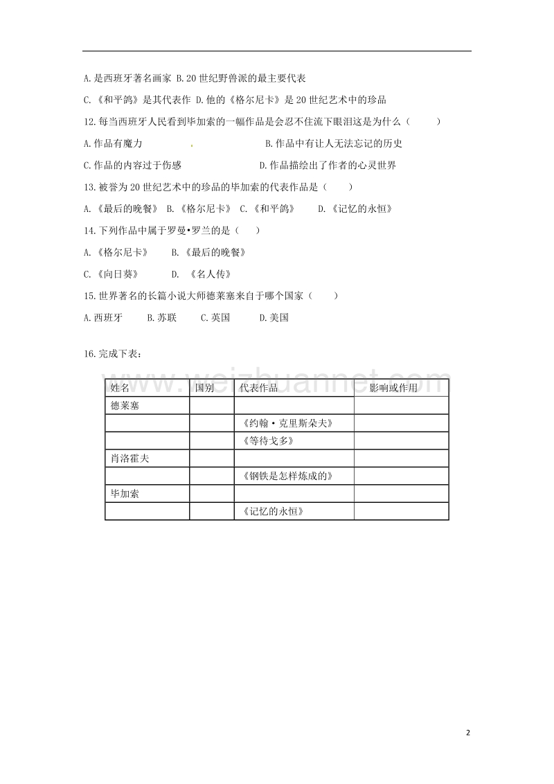 九年级历史下册第18课现代文学和美术练习题无答案新人教版.doc_第2页