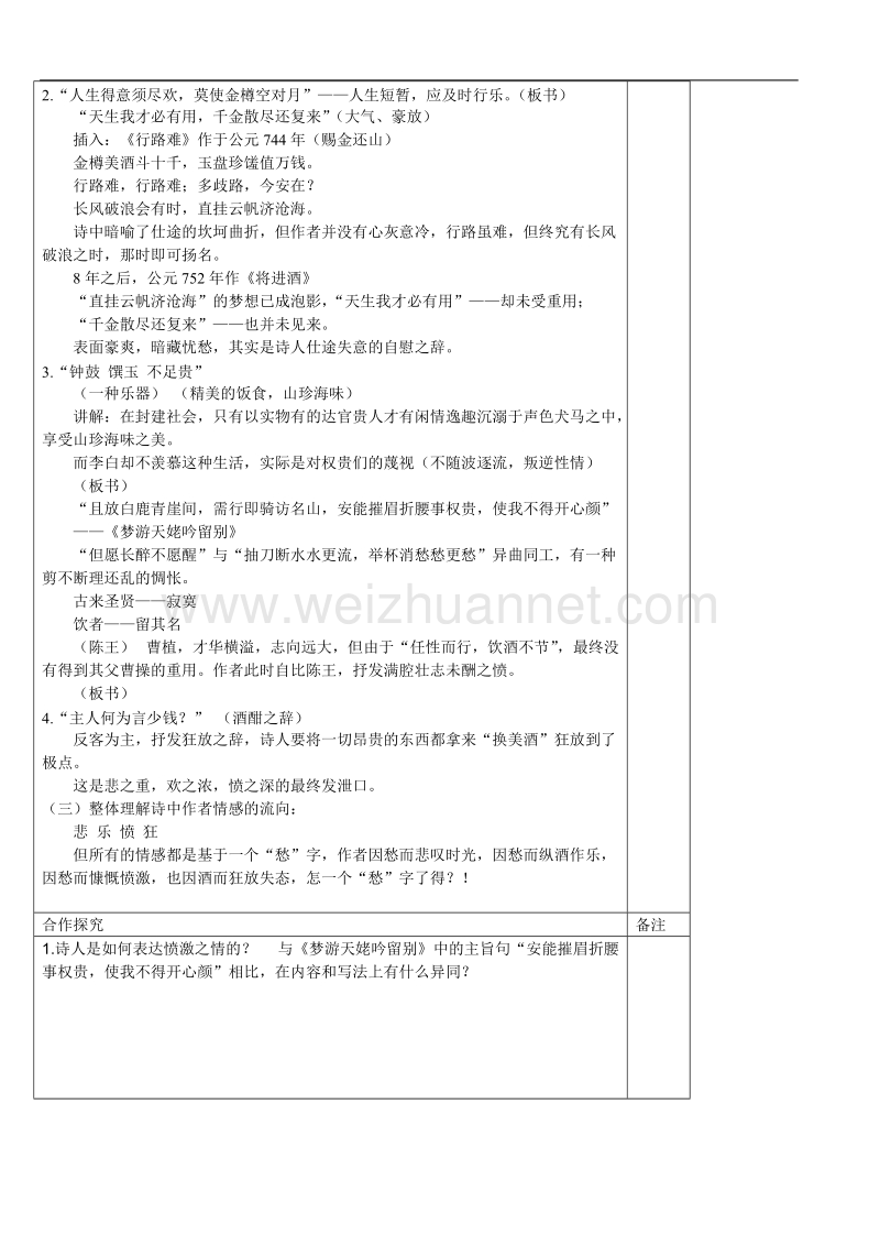 陕西专用 人教版高二语文《将进酒》教学案（第二课时）.doc_第2页