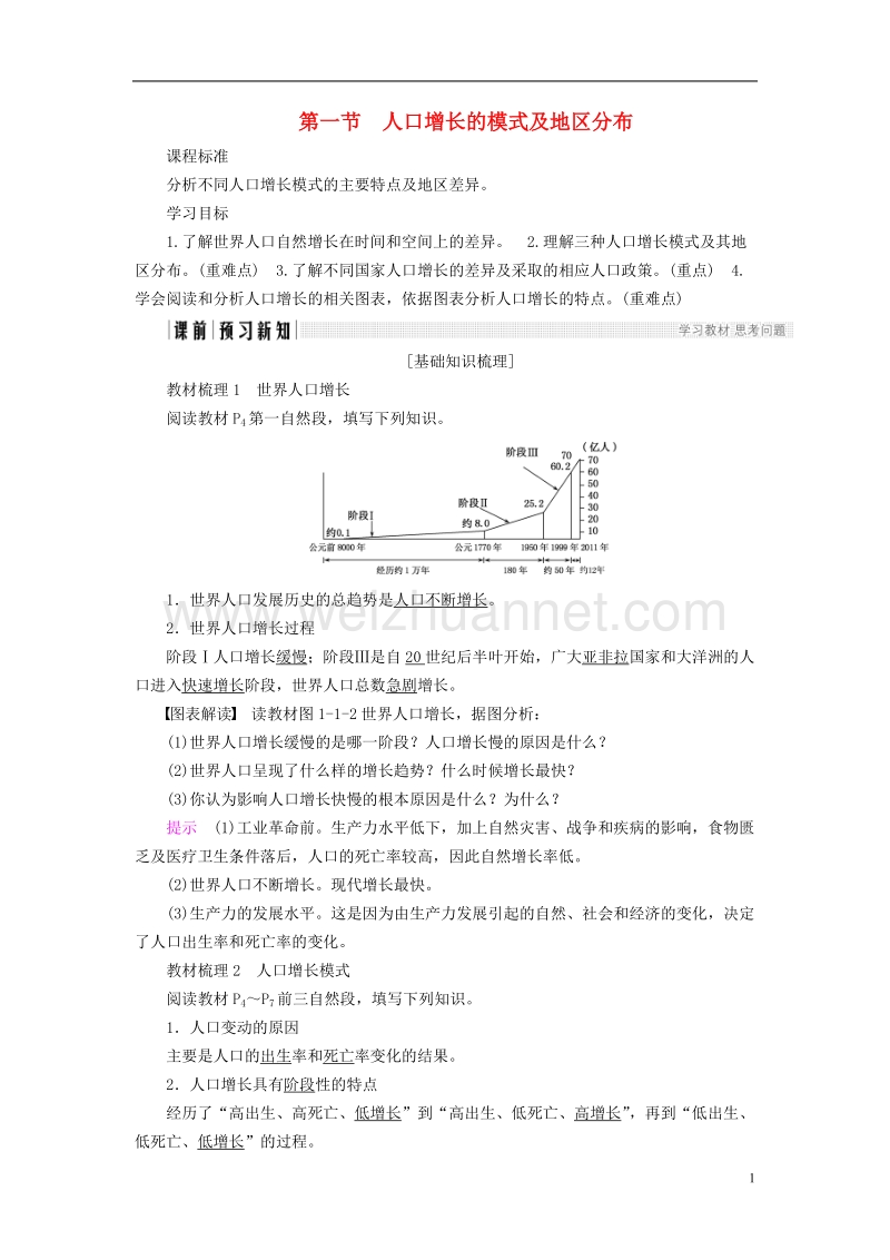 2018版高中地理 第一章 人口的增长、迁移与合理容量 第1节 人口增长的模式及地区分布导学案 中图版必修2.doc_第1页