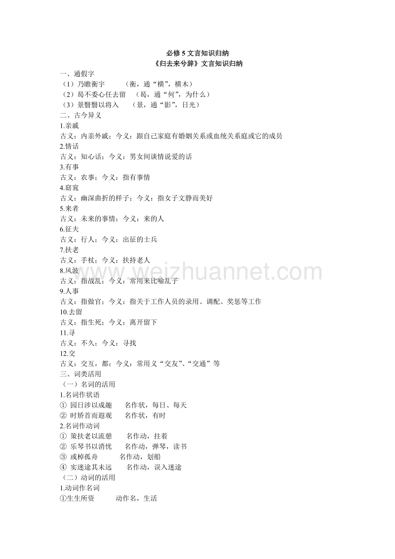 江苏省连云港市灌云县四队中学高中语文苏教版必修五《归去来兮辞》文言知识归纳.doc_第1页