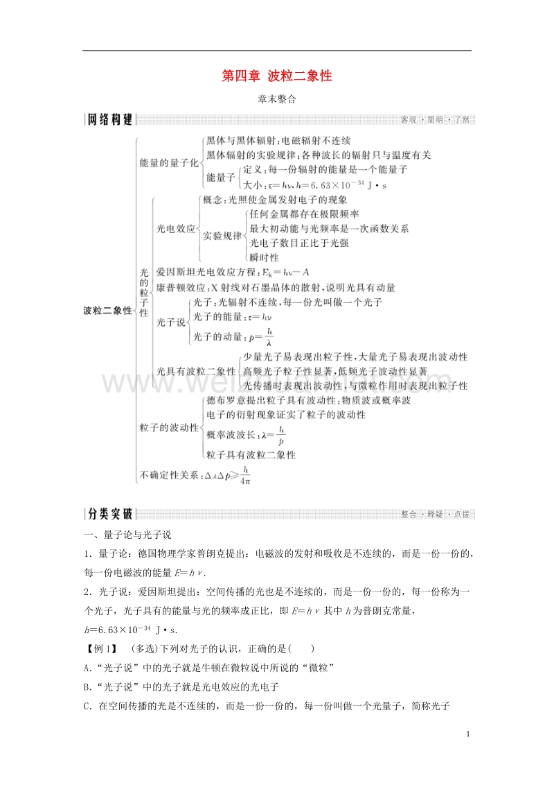 2018版高中物理 第四章 波粒二象性章末整合导学案 教科版选修3-5.doc_第1页