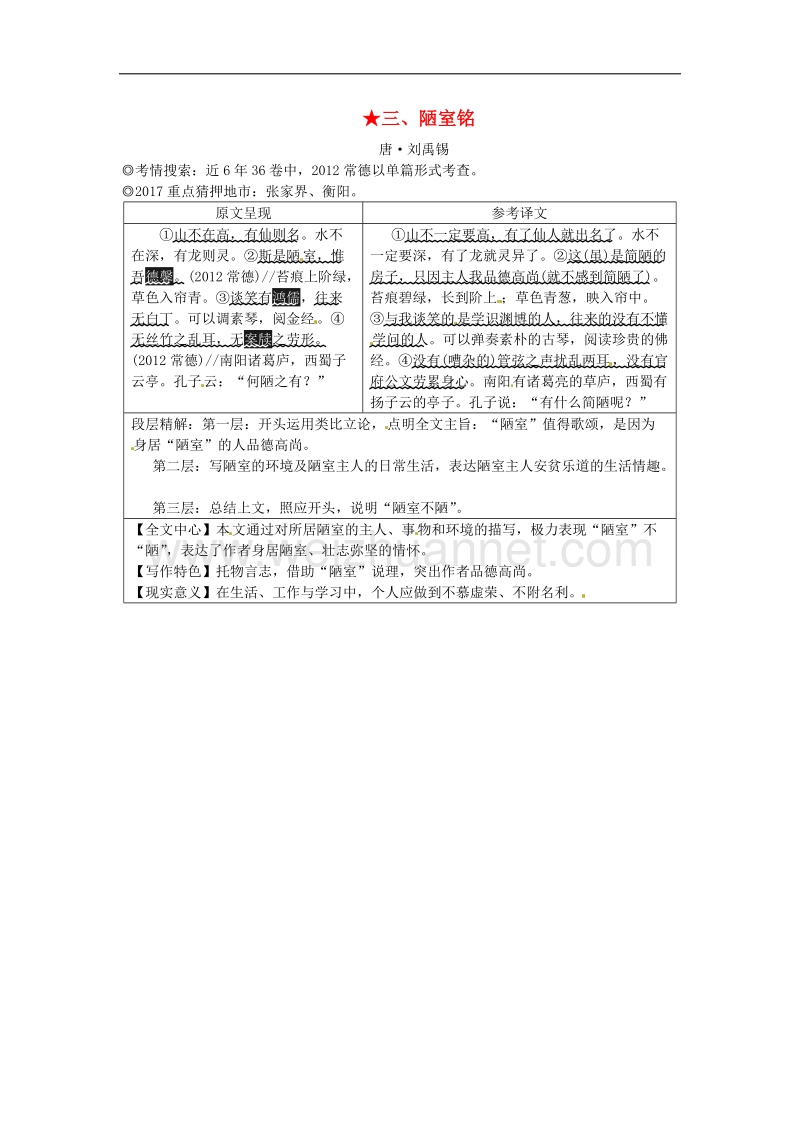 湖南省2017年中考语文第二部分古诗文阅读专题一文言文阅读三陋室铭素材语文版17.doc_第1页