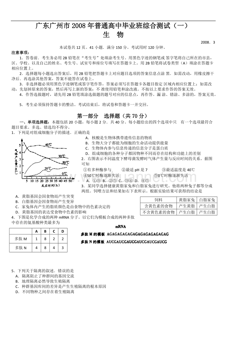 广东广州市2008年普通高中毕业班综合测试(.doc_第1页