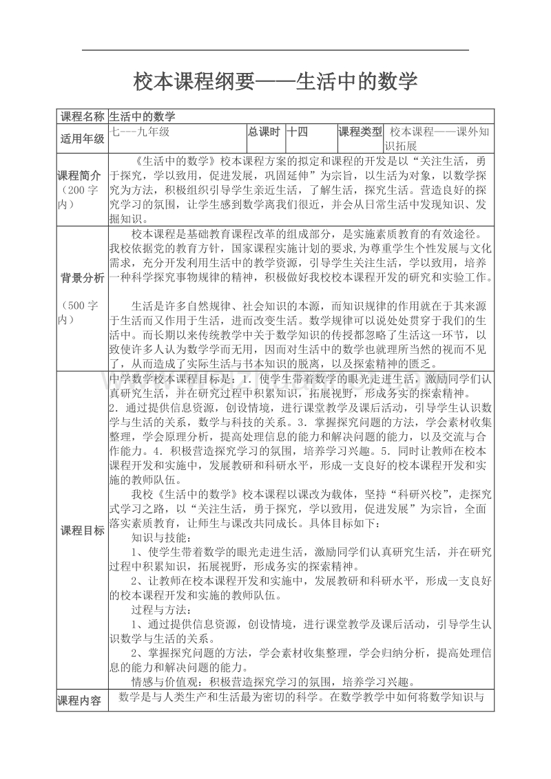 校本课程纲要——生活中的数学.doc_第1页