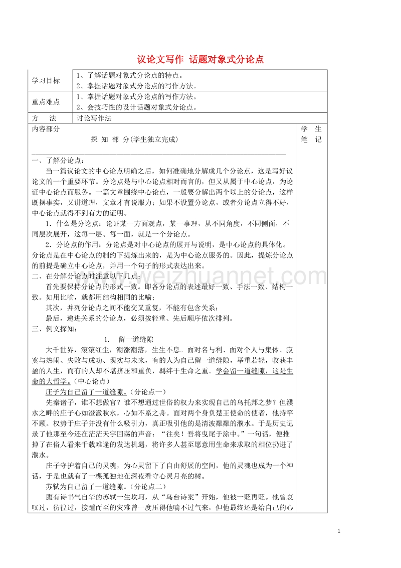 河北省承德实验中学高中语文议论文写作话题对象式分论点导学案讲义.doc_第1页