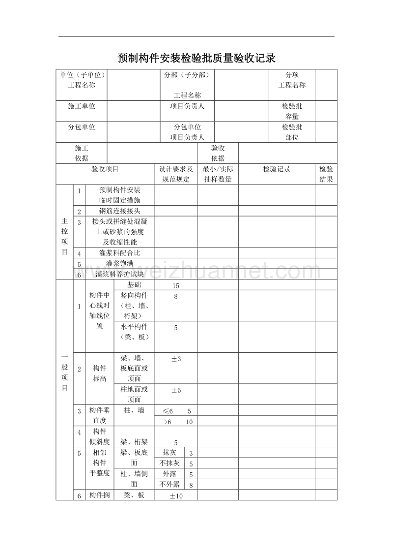 预制构件安装检验批质量验收记录.docx_第1页