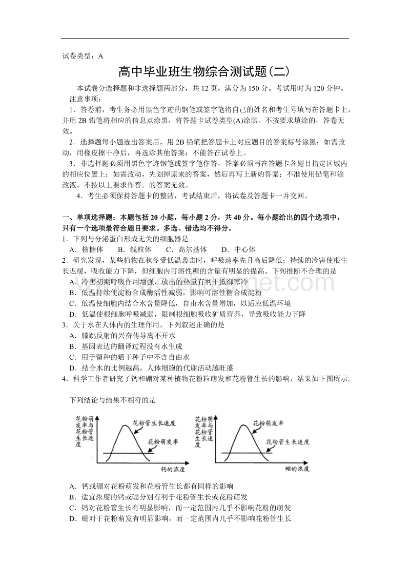 高中毕业班生物综合测试题.doc_第1页