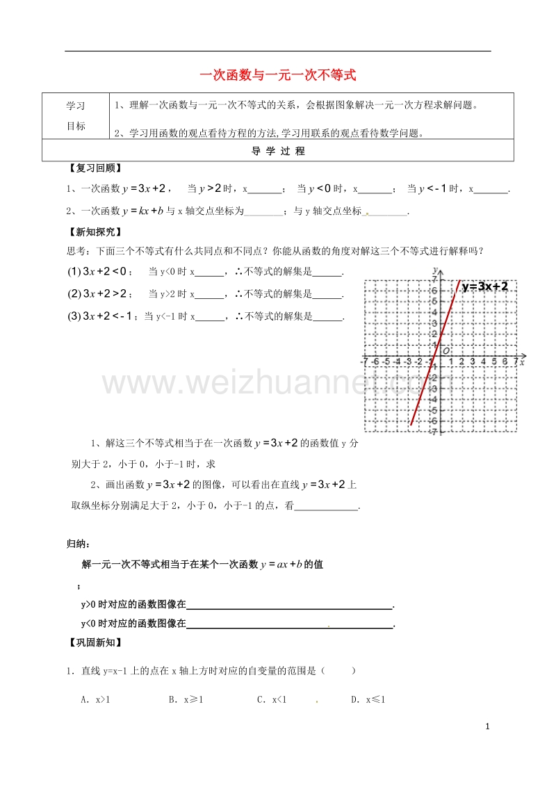 甘肃省武威市民勤县八年级数学下册 19.2.3 一次函数与方程、不等式（2）一次函数与一元一次不等式学案（无答案）（新版）新人教版.doc_第1页