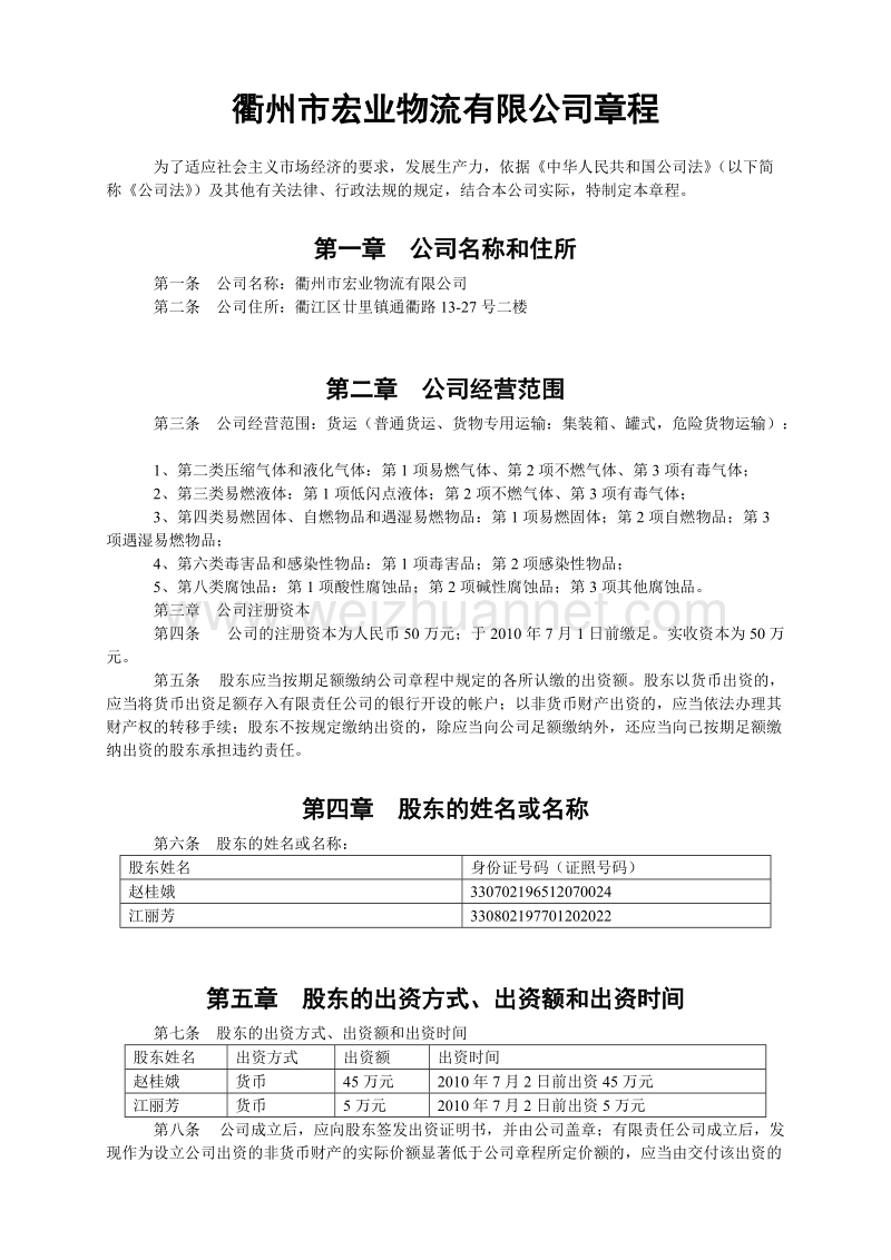 衢州市宏业物流有限公司章程.doc_第1页