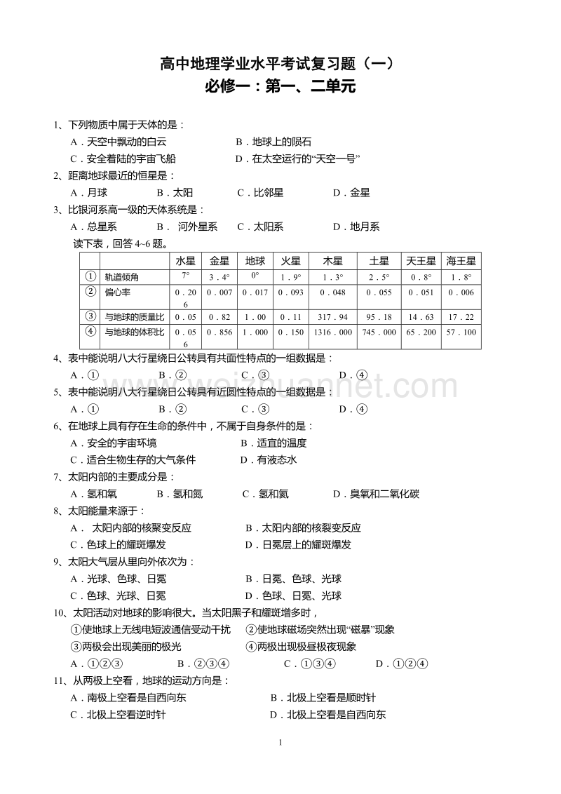 高中地理必修一复习题.doc_第1页