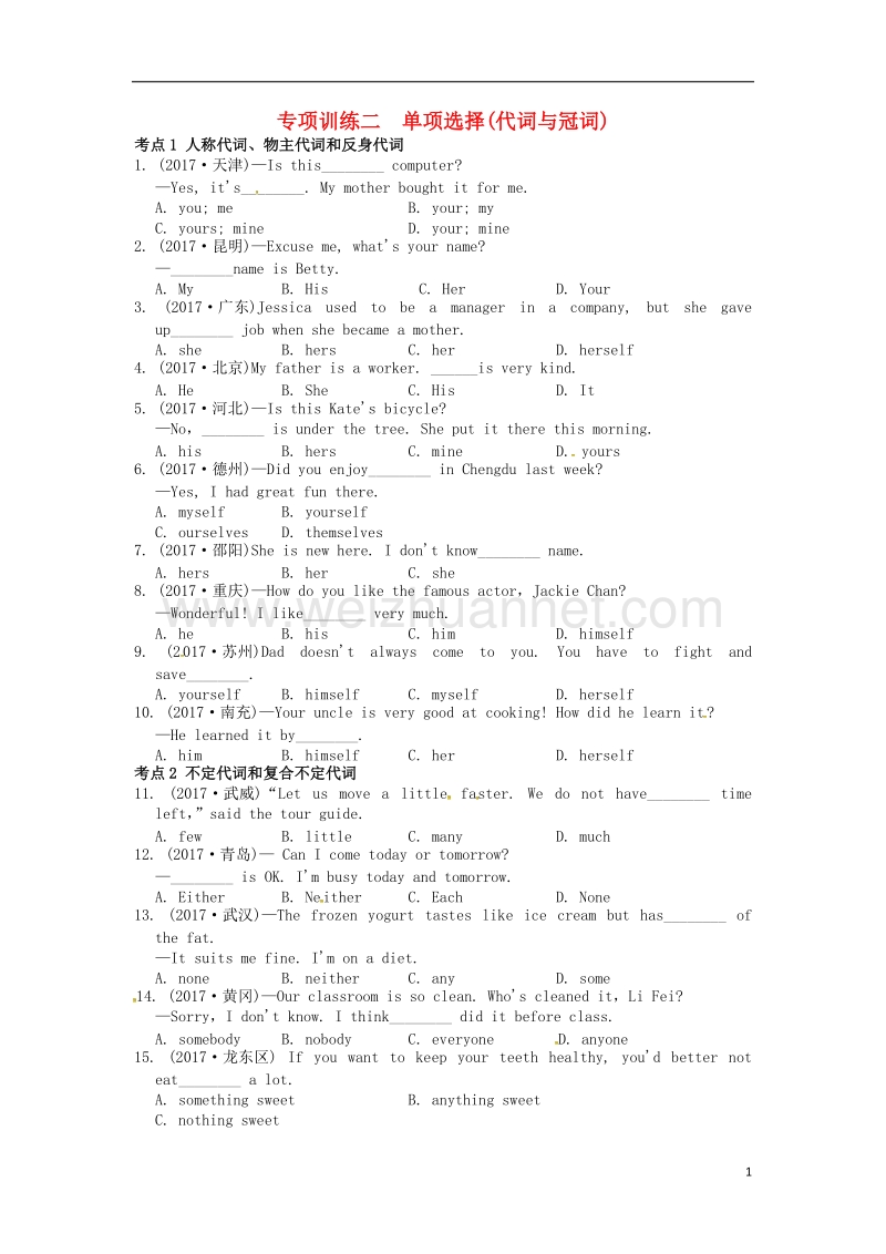 2017年中考英语 真题题型分类汇编 专项训练二 单项选择（代词与冠词）练习.doc_第1页