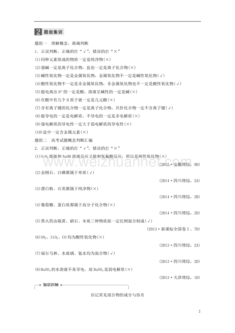 2018版高中化学二轮复习 专题一 物质的组成、分类及变化练习.doc_第2页