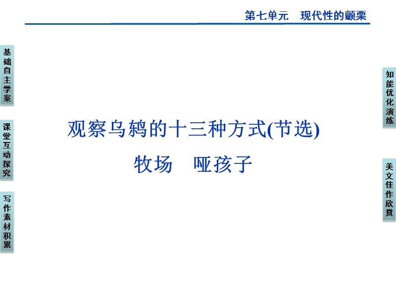 （创新设计）高二语文语文版选修《中外现代诗歌欣赏》课件：观察乌鸫的十三种方式(节选)　牧场　哑孩子（44张）.ppt_第1页