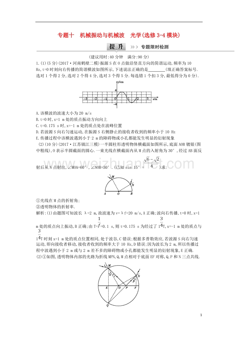 全国通用2018届高考物理二轮复习备课资料专题十机械振动与机械波光学专题限时检测选修.doc_第1页