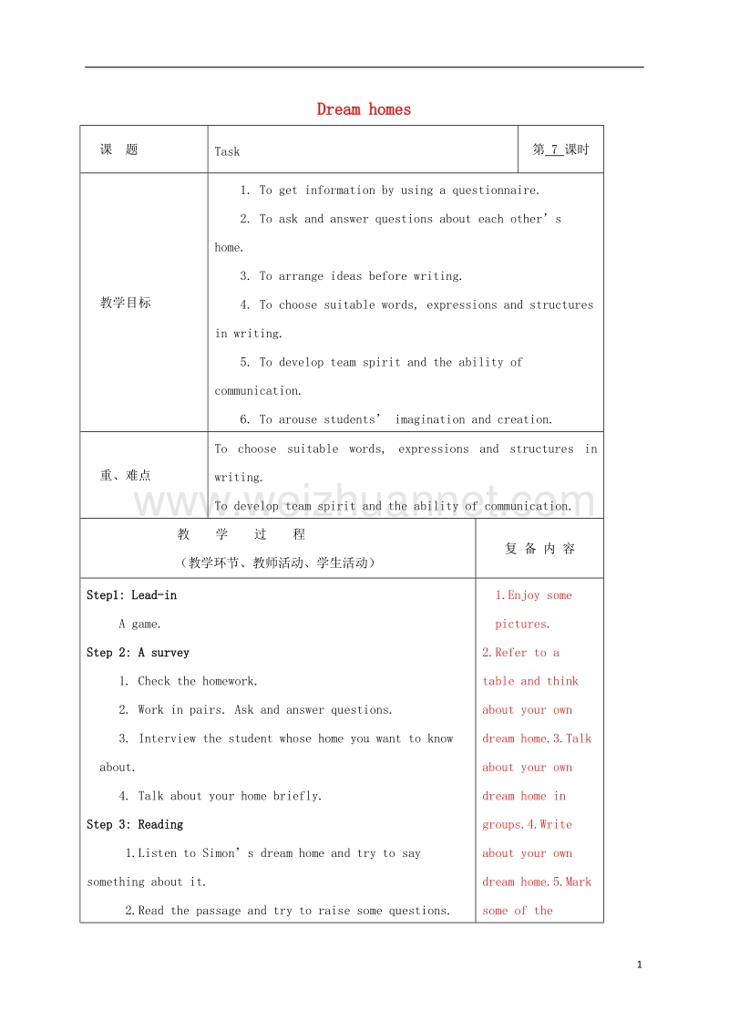 2017年春七年级英语下册 unit 1 dream homes task教案 （新版）牛津版.doc_第1页