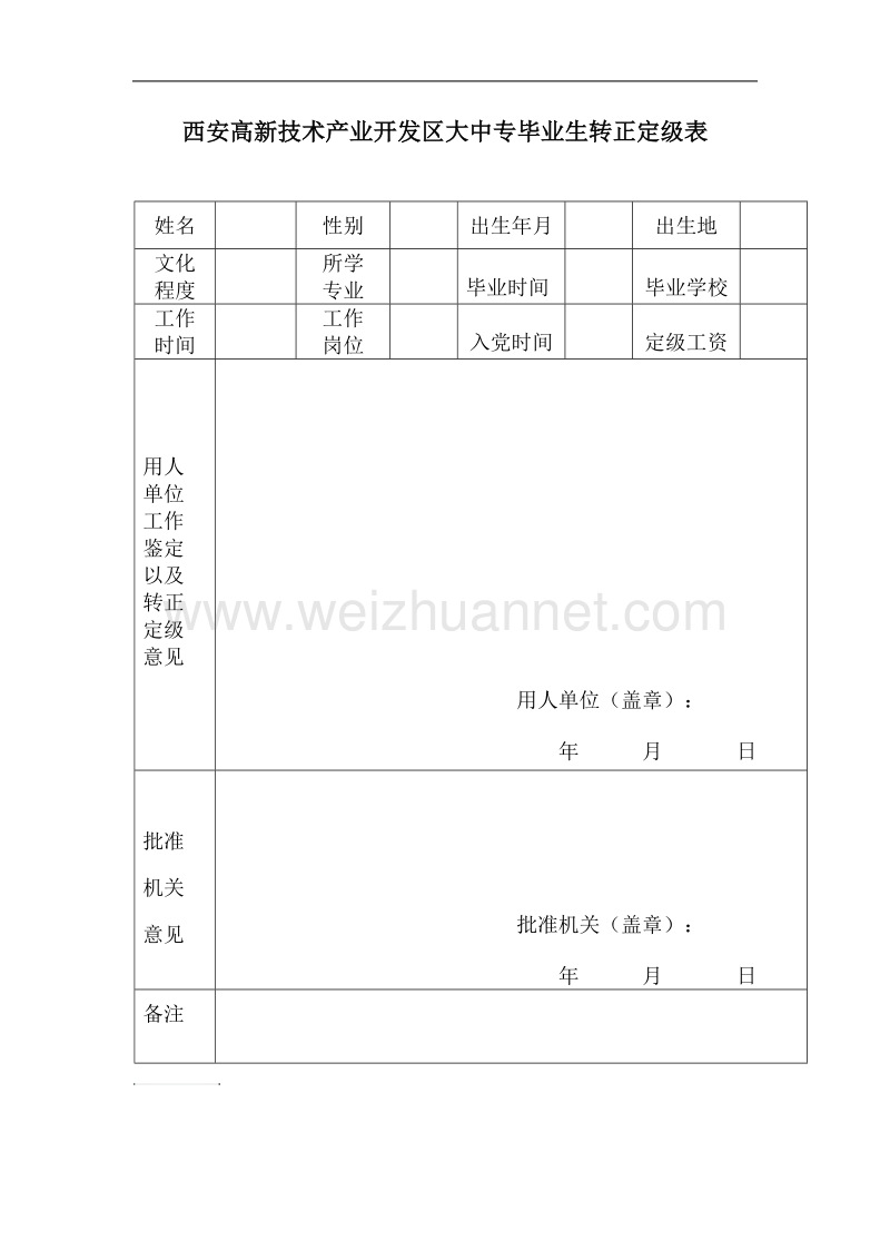 西安高新技术产业开发区大中专毕业生转正定级表.doc_第1页