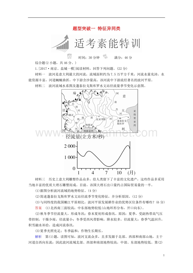 （全国通用）2018年高考地理二轮复习 第三篇 备考与冲刺 专题二 综合题题型突破 题型突破一 特征异同类素能特训.doc_第1页