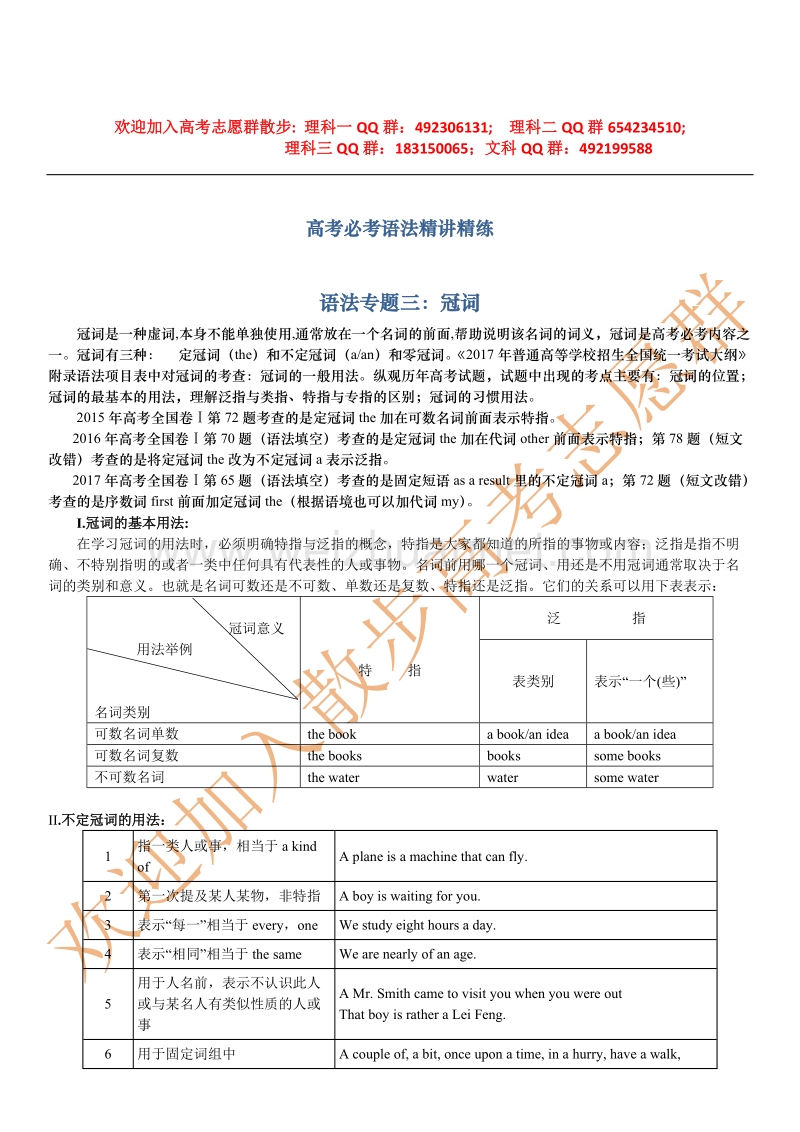 2018届高考必考语法精讲精练专题三：冠词 Word版含解析.doc_第1页