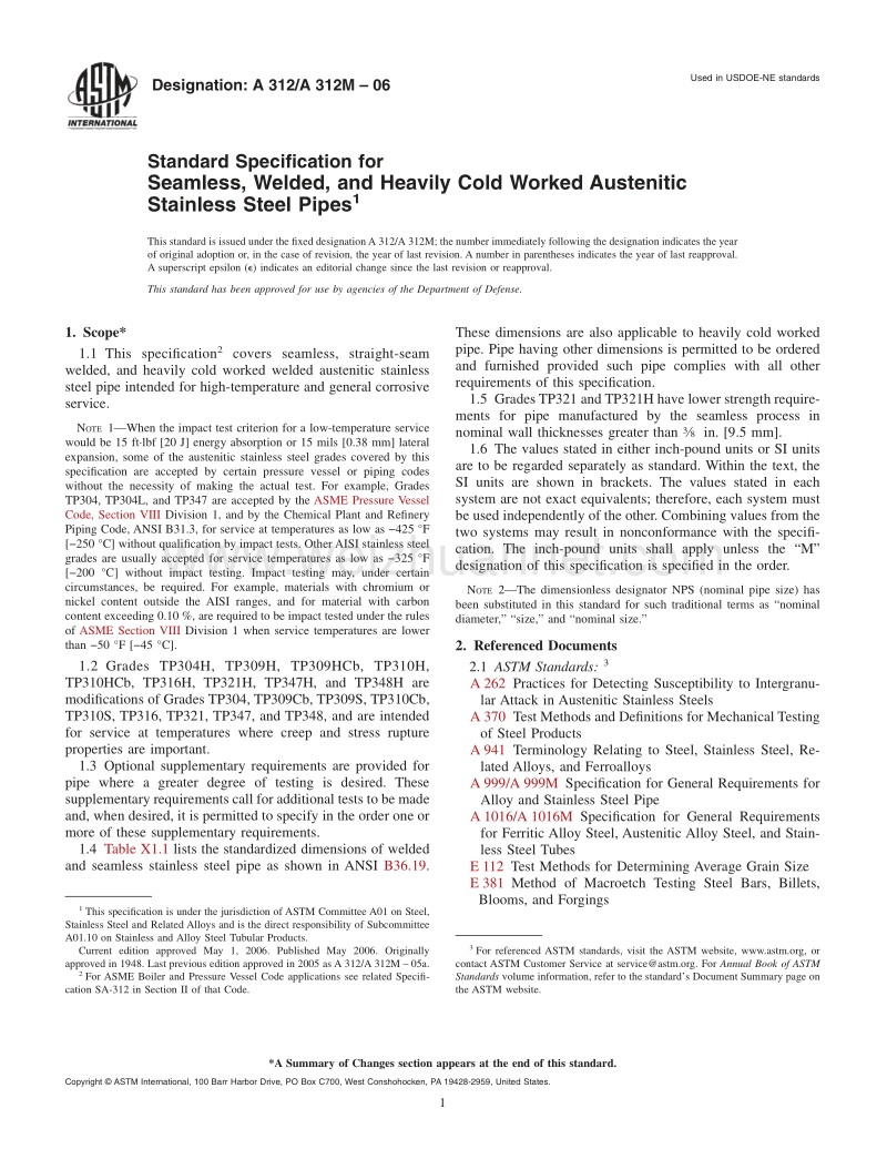 ASTM A312A312M-2006 无缝、焊接和深度冷加工奥氏体不锈钢管的标准规范.pdf_第1页