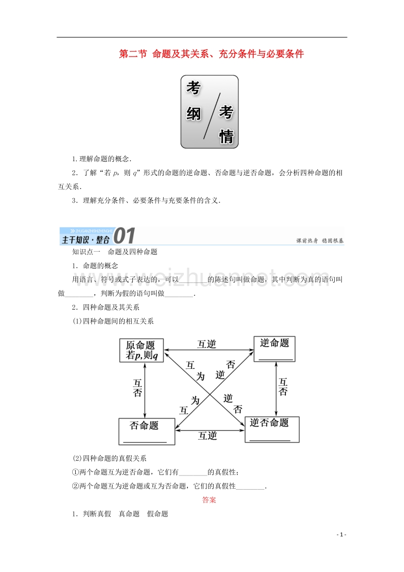 2018年高考数学一轮复习 第一章 集合与常用逻辑用语 第二节 命题及其关系、充分条件与必要条件学案 文.doc_第1页