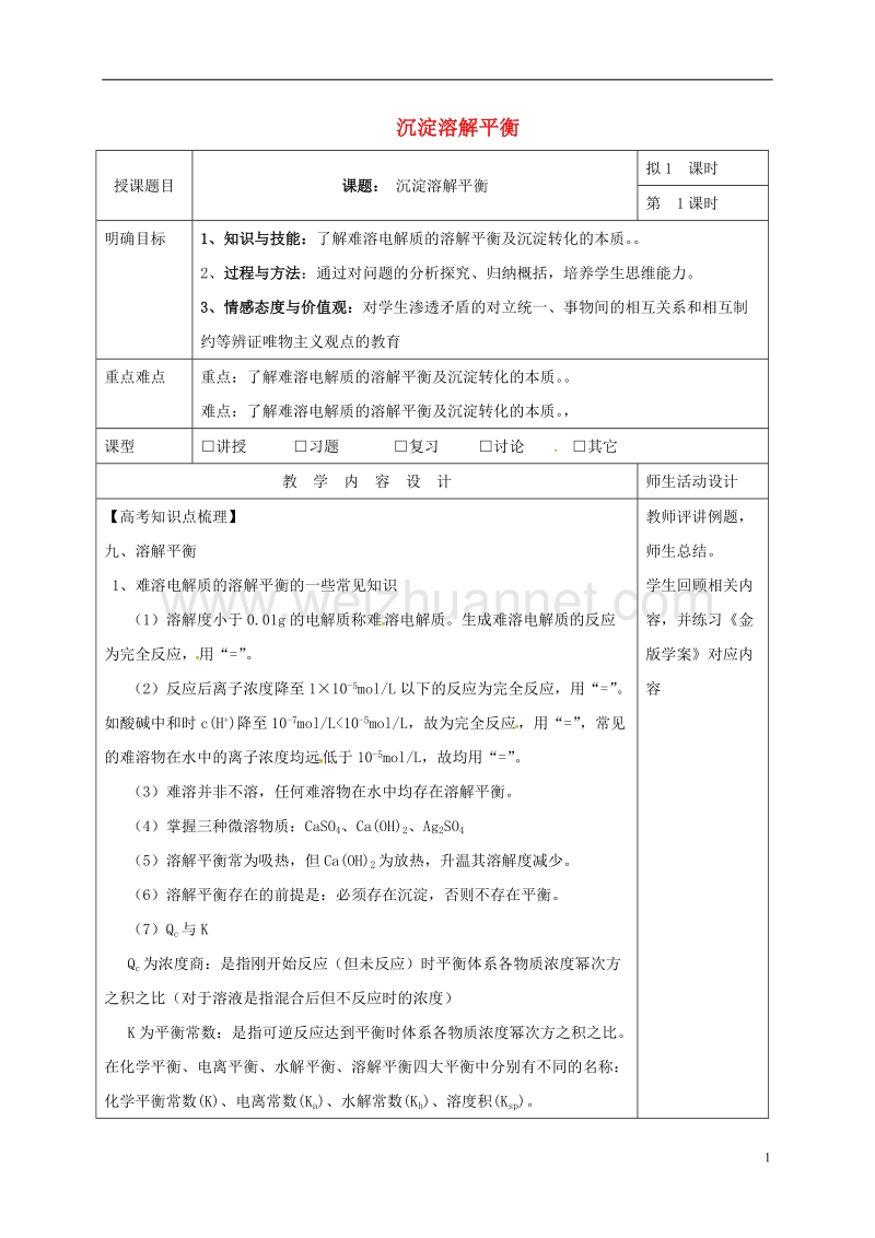 肇庆市实验中学2016届高三化学一轮复习 难溶电解质的溶解平衡教学设计.doc_第1页