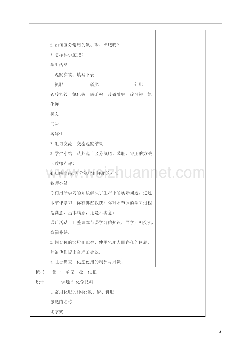 2017春九年级化学下册 第十一单元 盐 化肥 课题2 化学肥料教案 新人教版.doc_第3页