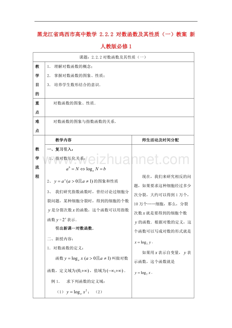 鸡西市高中数学 2.2.2 对数函数及其性质（一）教案 新人教版必修1.doc_第1页