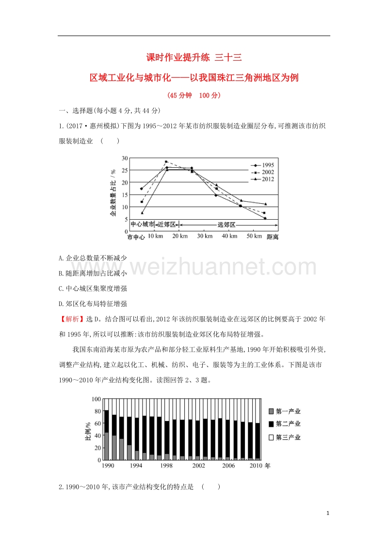 2018届高考地理一轮复习 课时作业提升练三十三 15.2 区域工业化与城市化——以我国珠江三角洲地区为例 新人教版.doc_第1页