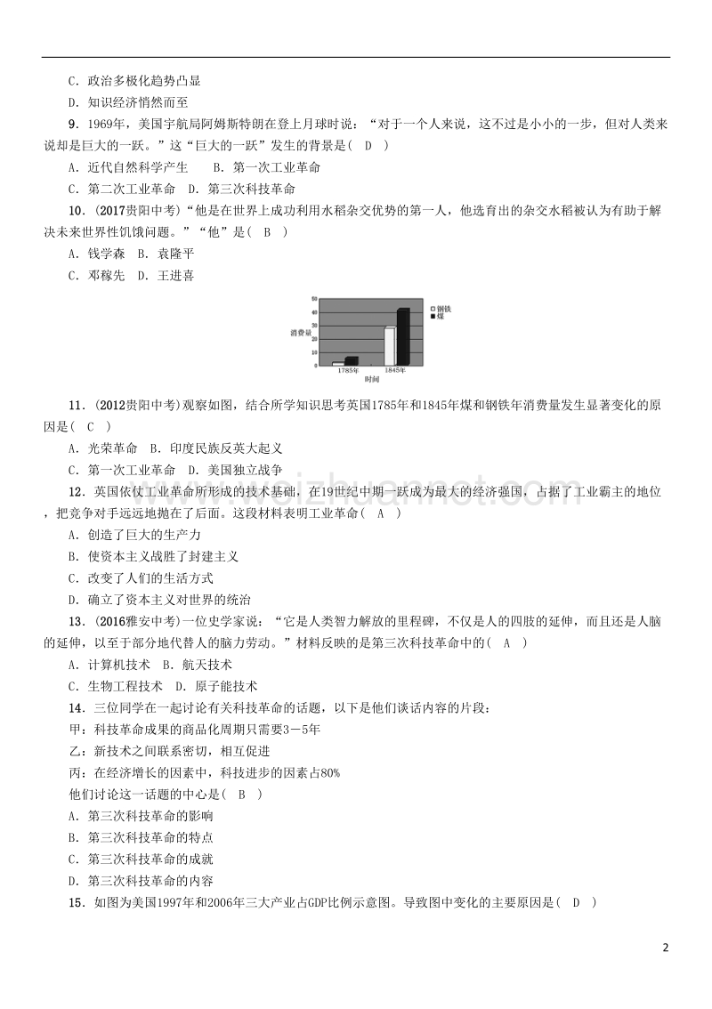 2018年中考历史总复习 第二编 热点专题速查篇 专题4 科技创新 推动发展—科技成就及可持续发展练习.doc_第2页