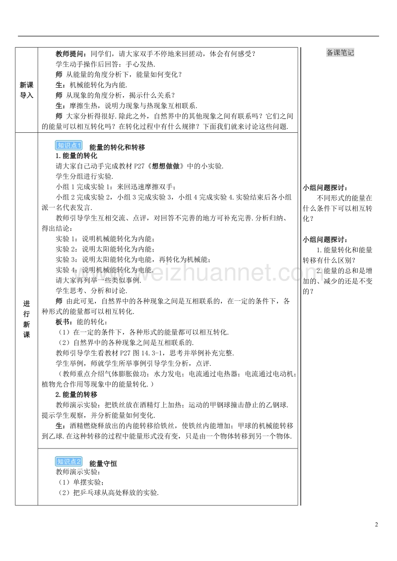 2017年秋九年级物理全册 14.3 能量的转化和守恒导学案 （新版）新人教版.doc_第2页