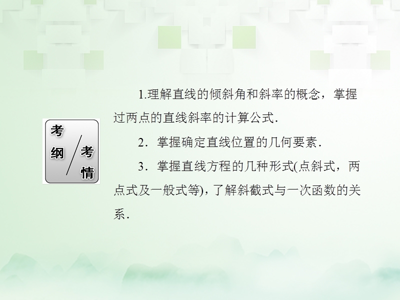 2018届高考数学一轮复习 第八章 平面解析几何 8.1 直线的倾斜角与斜率、直线方程课件 文.ppt_第3页