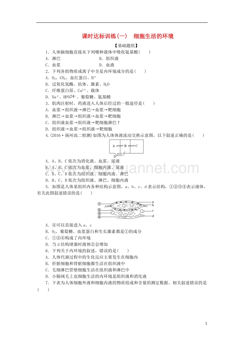 2017年高中生物 课时达标训练（一）细胞生活的环境 新人教版必修3.doc_第1页