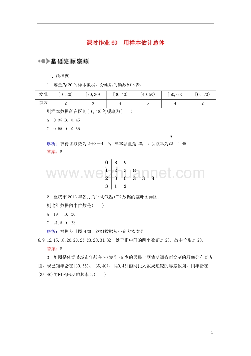 2018届高考数学一轮复习 第九章 算法初步、统计、统计案例 课时作业60 用样本估计总体（含解析）文.doc_第1页