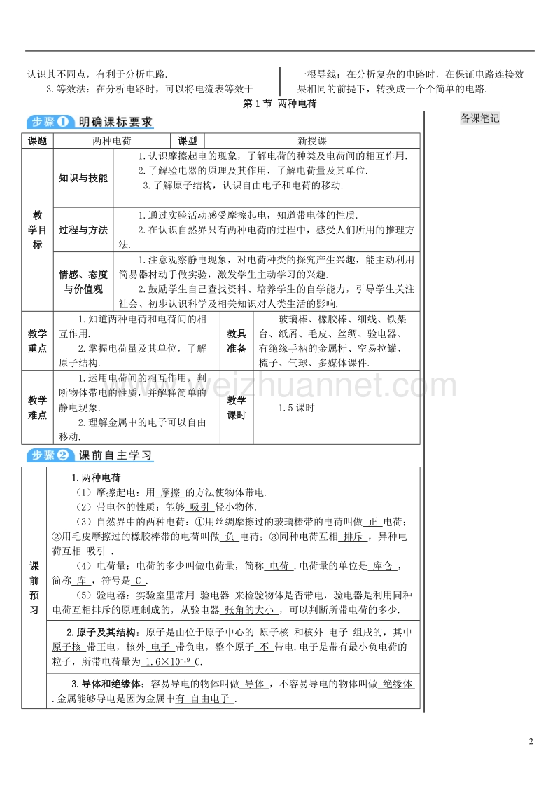 2017年秋九年级物理全册 15.1 两种电荷导学案 （新版）新人教版.doc_第2页