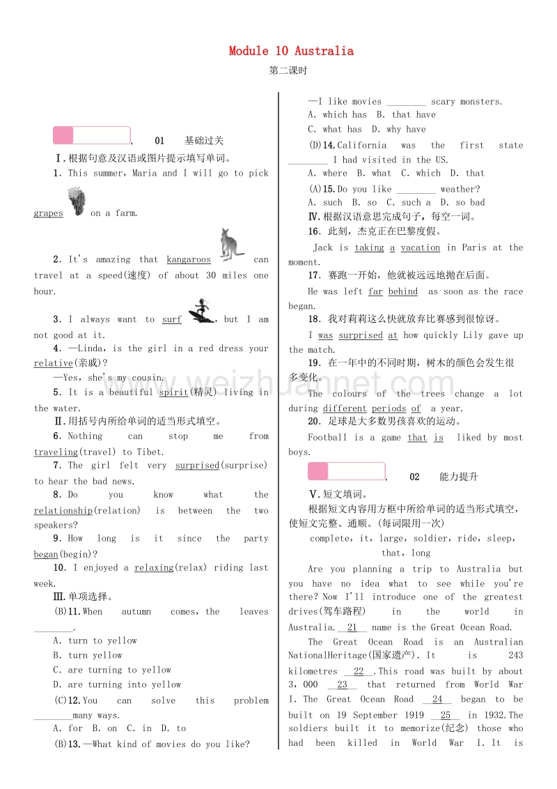 2017年秋九年级英语上册 module 10 australia unit 2 the game that they like most is australian football（第2课时）习题 （新版）外研版.doc_第1页