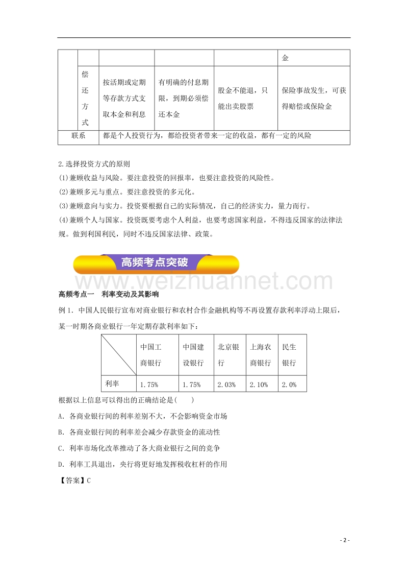 2018年高考政 治一轮复习 专题06 投资理财的选择（教学案）（含解析）.doc_第2页