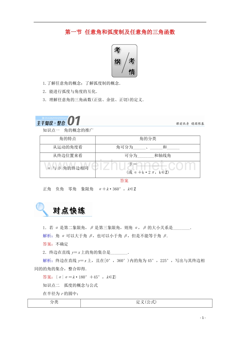 2018年高考数学一轮复习 第三章 三角函数、解三角形 第一节 任意角和弧度制及任意角的三角函数学案 文.doc_第1页