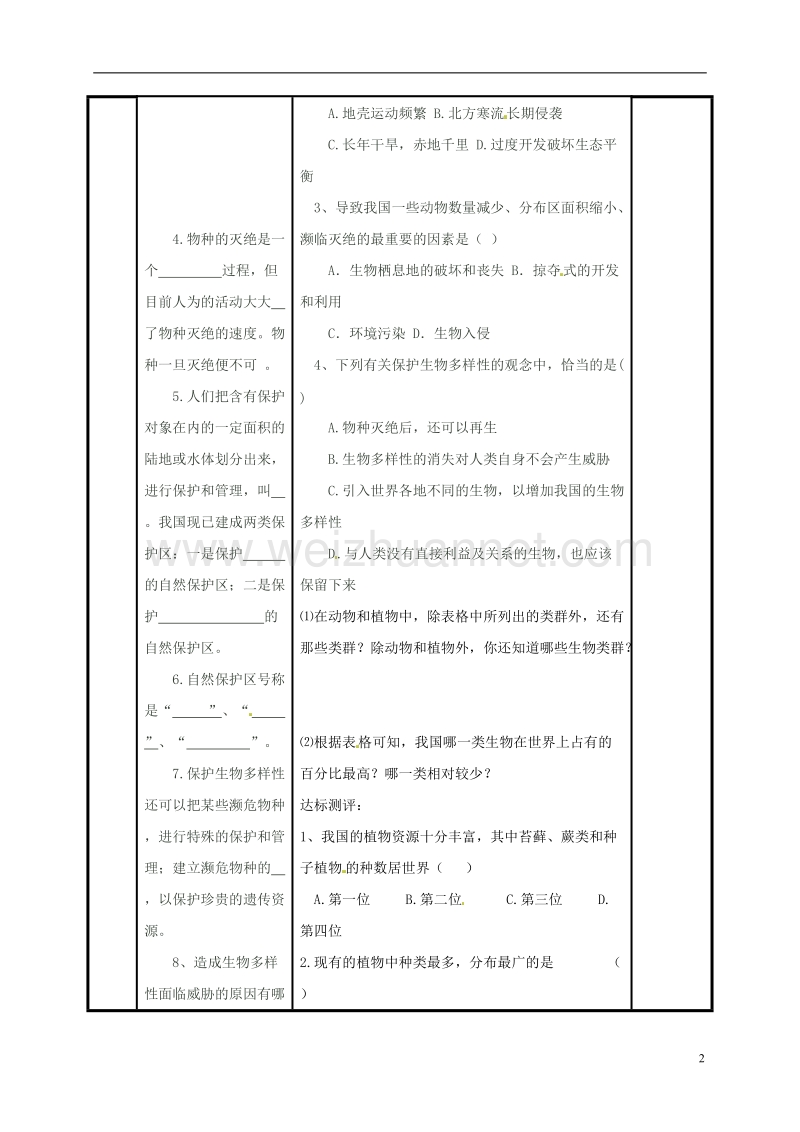 阳泉市八年级生物上册 第六单元 第三章 保护生物的多样性导学案（无答案）（新版）新人教版.doc_第2页