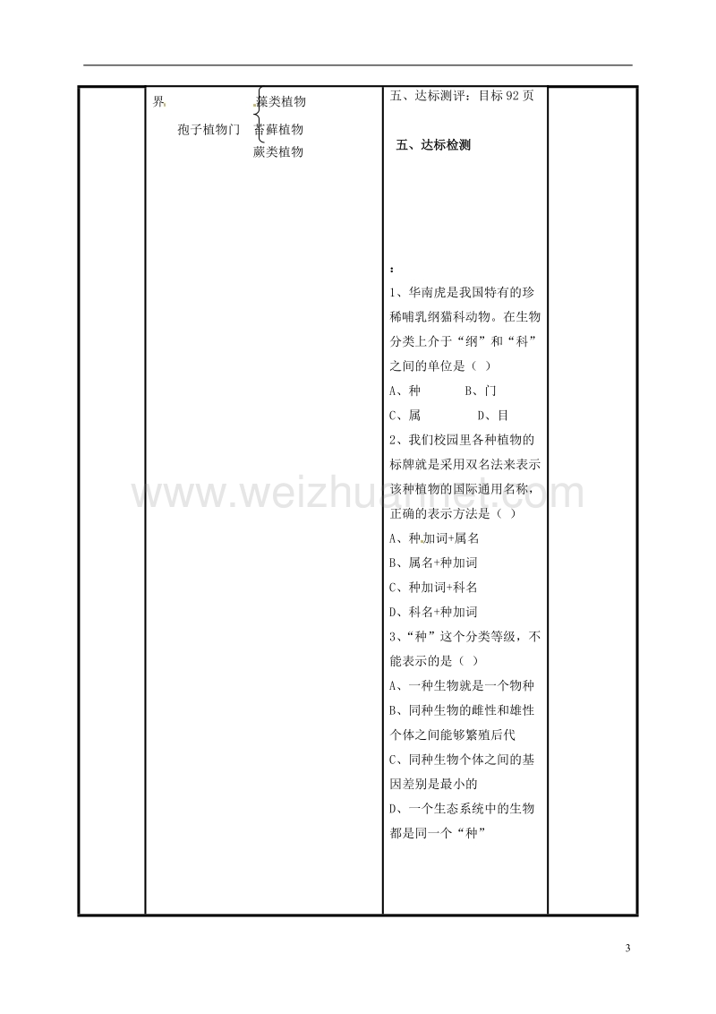 阳泉市八年级生物上册 第六单元 第一章 第一节 尝试对生物进行分类导学案（无答案）（新版）新人教版.doc_第3页