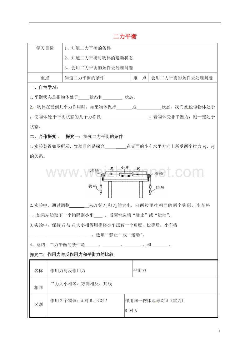 醴陵市八年级物理下册 8.2 二力平衡导学案（无答案）（新版）新人教版.doc_第1页