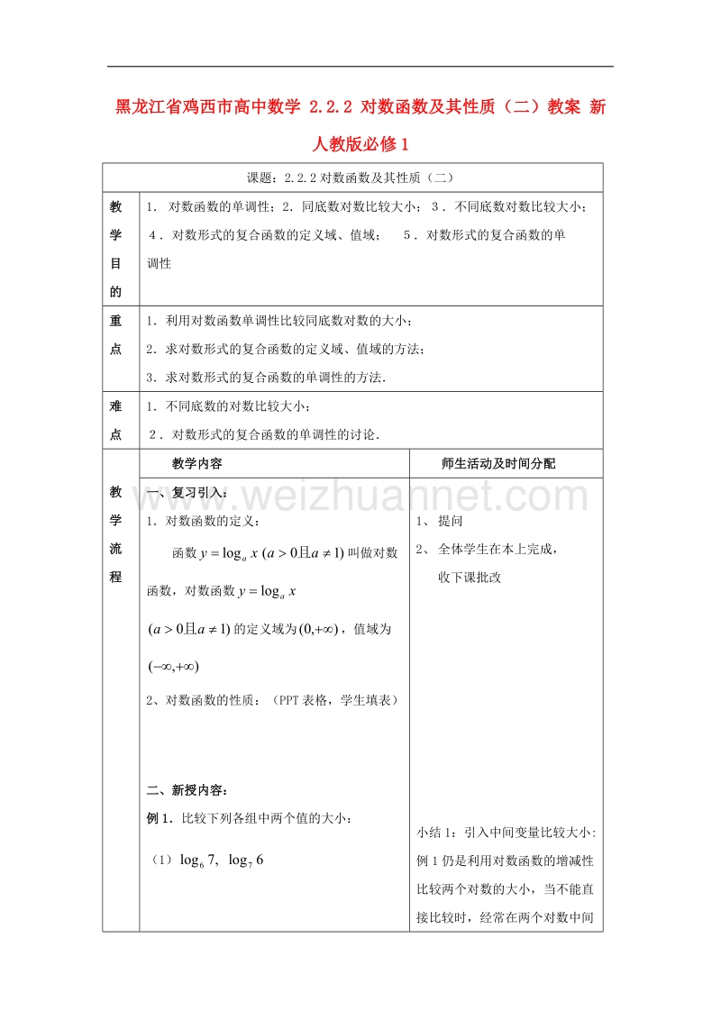 鸡西市高中数学 2.2.2 对数函数及其性质（二）教案 新人教版必修1.doc_第1页