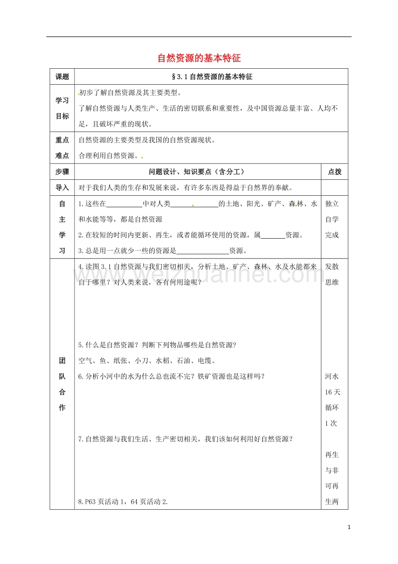 辽阳市八年级地理上册 3.1 自然资源的基本特征学案（无答案）（新版）新人教版.doc_第1页