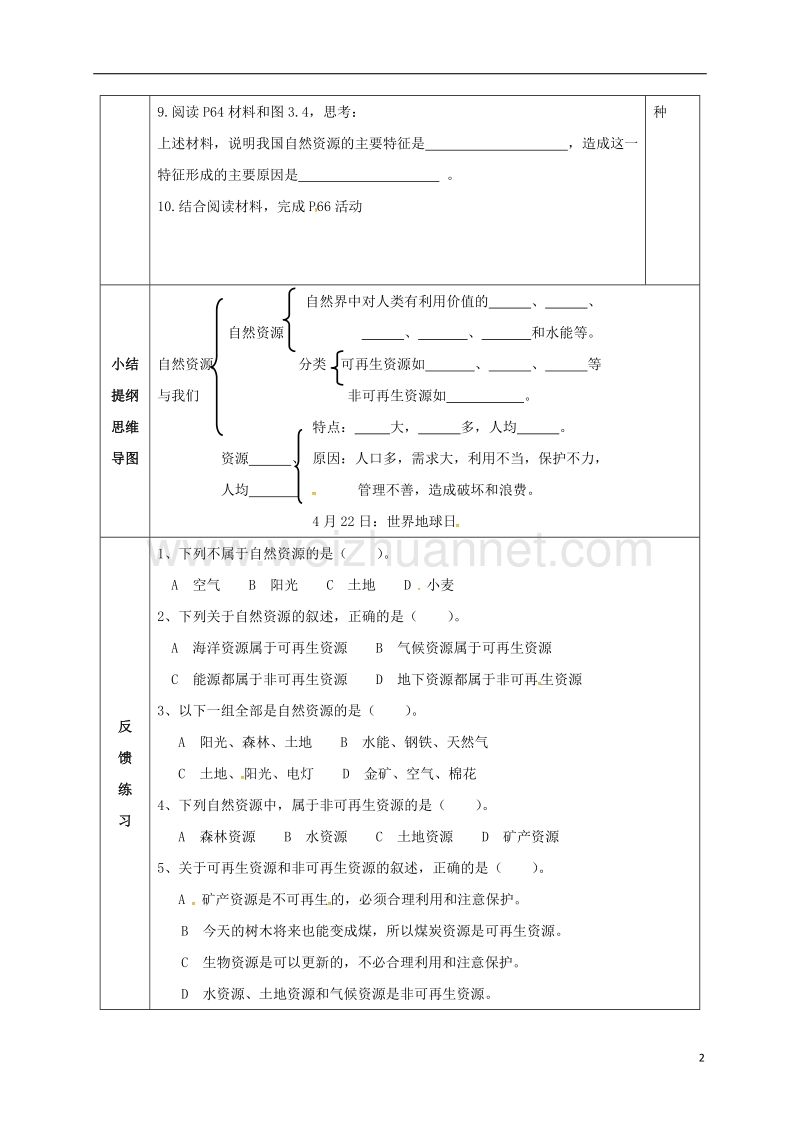 辽阳市八年级地理上册 3.1 自然资源的基本特征学案（无答案）（新版）新人教版.doc_第2页