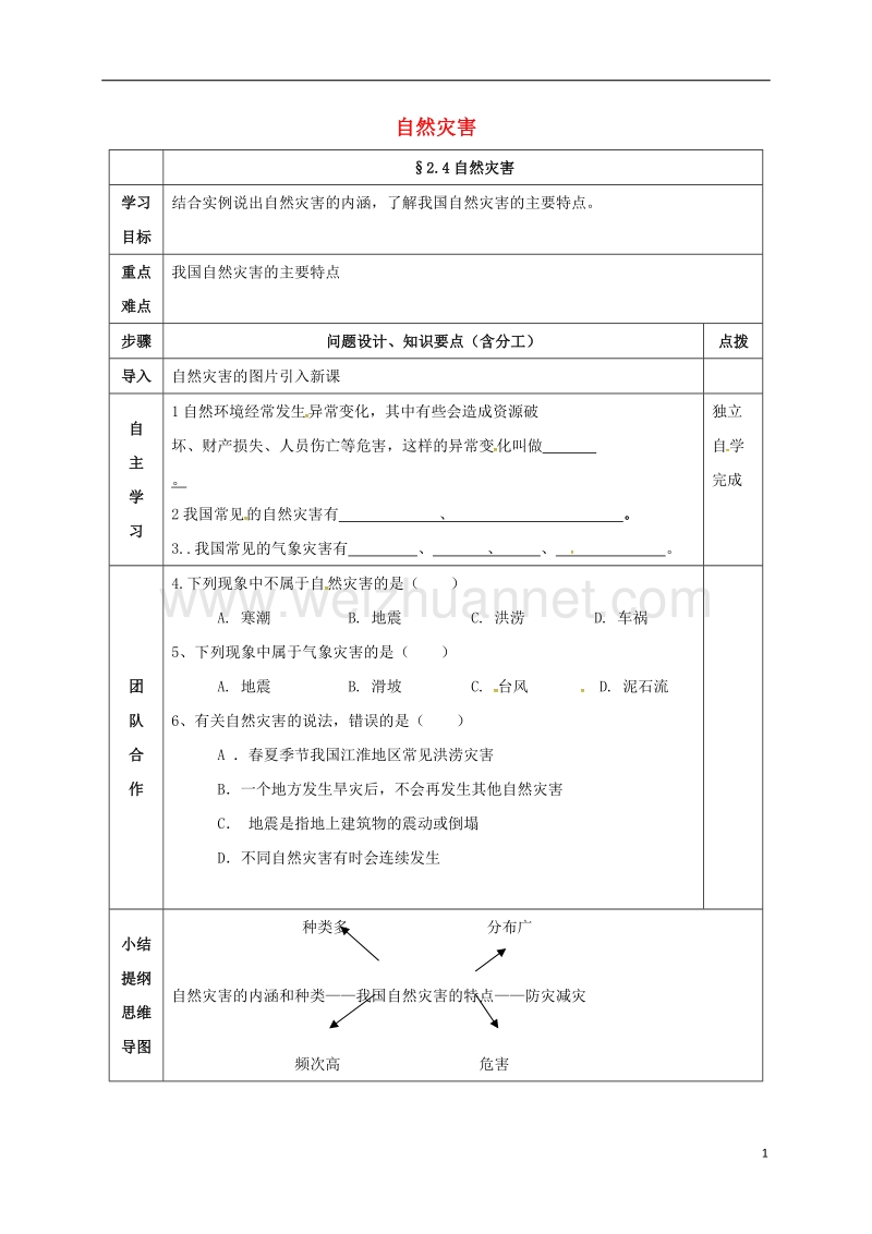 辽阳市八年级地理上册 2.4 自然灾害学案（无答案）（新版）新人教版.doc_第1页