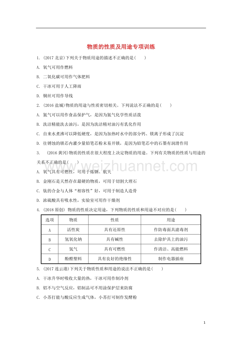 湖南省2018中考化学 第一单元 走进化学世界 物质的性质及用途专项训练.doc_第1页