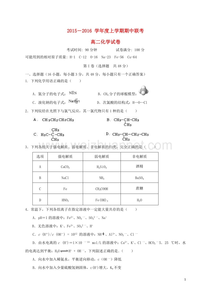 湖北省天门市渔薪高级中学2015-2016学年高二化学上学期期中试题.doc_第1页