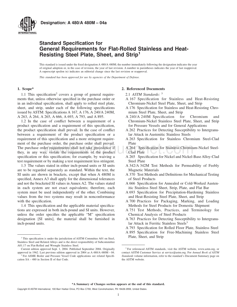 ASTM A480A480M-04a 扁平轧制耐热不锈钢厚板材、薄板材和带材通用要求.pdf_第1页