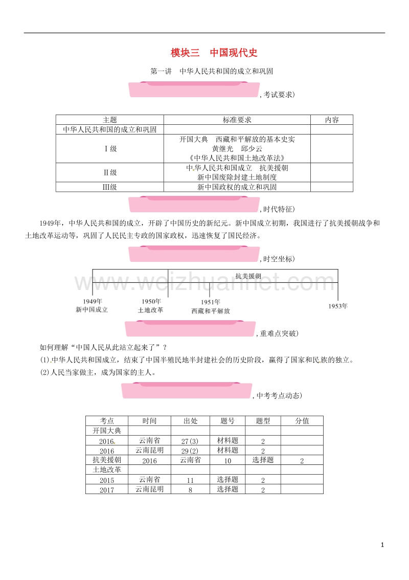 2018届中考历史复习 第一部分 教材知识速查 模块3 中国现代史 第1讲 中华人民共和国的成立和巩固练习.doc_第1页